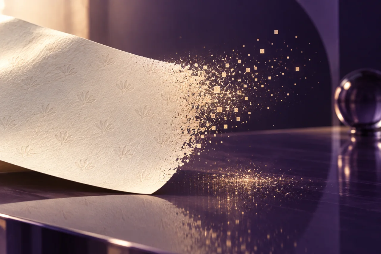 Ivory paper transforming into fine particles over a violet surface